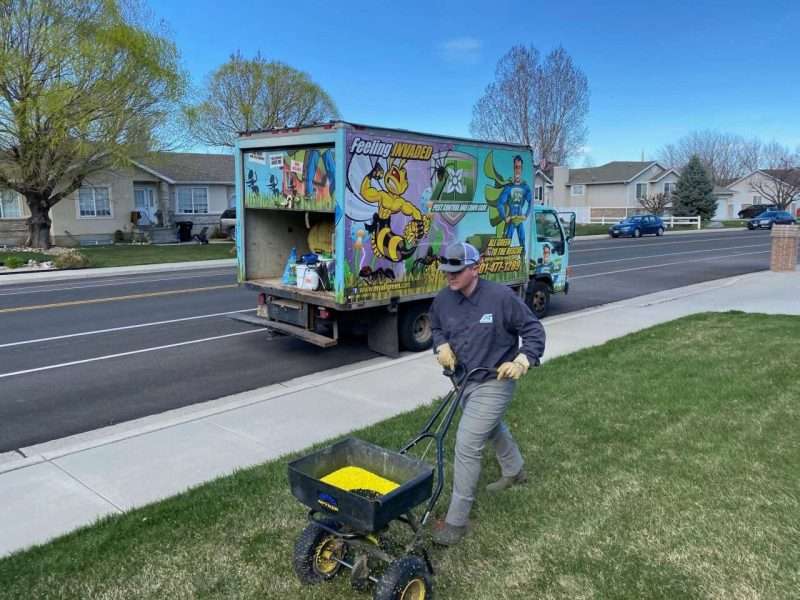 Lawn care - employee fertilizing lawn with hand tools