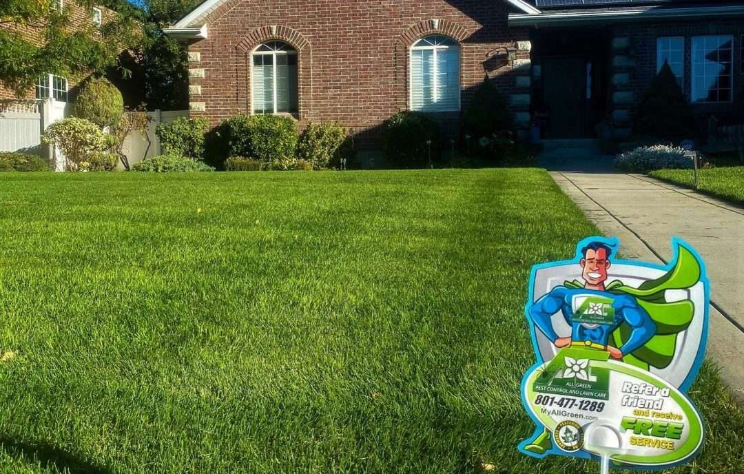Lawn with advertising sign in front of brick house.