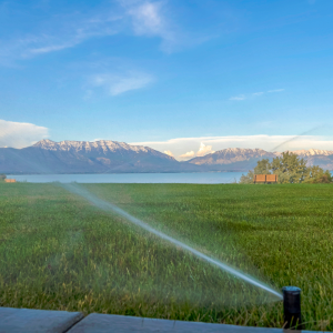 Rotary sprinklers spraying a lush, green lawn with Utah Lake and Timpanogos Mountain in the back ground. 