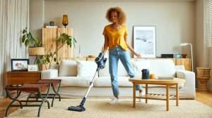A cheerful woman vacuming her living room to help prevent insects and rodents