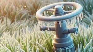 Icy sprinkler on frosty grass at sunrise.