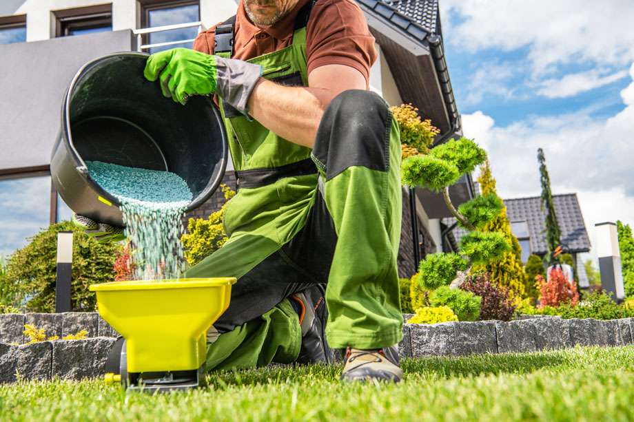 garden worker preparing grass fertilizer