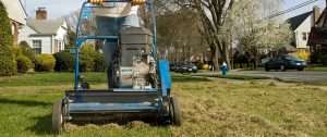 Person using power rake, lawn dethather, on a lawn