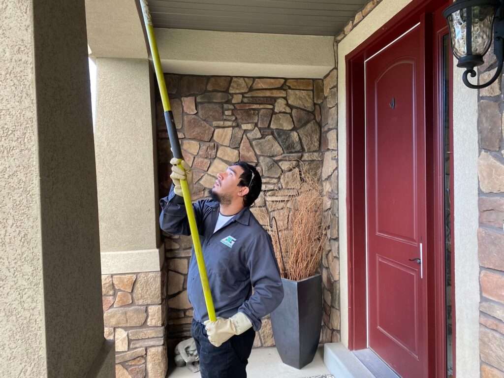 Man cleaning house exterior with long-handled brush.