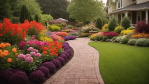 Colorfor flowered garden area and a lush green lawn, are separated by meandering brick walking path that leads to a nice home. Shows upcoming lawn, pest control, and gardening trends for 2025