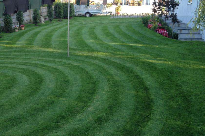 Meticulously striped lawn with flagpole and flowers.