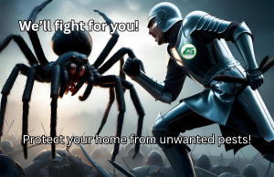 A knight, in shining silver armor, is fighting against a giant black widow spider. "We will fight for you!", as a reference for All Green Pest Control to fight against black widow, hobo, and brown recluse spiders