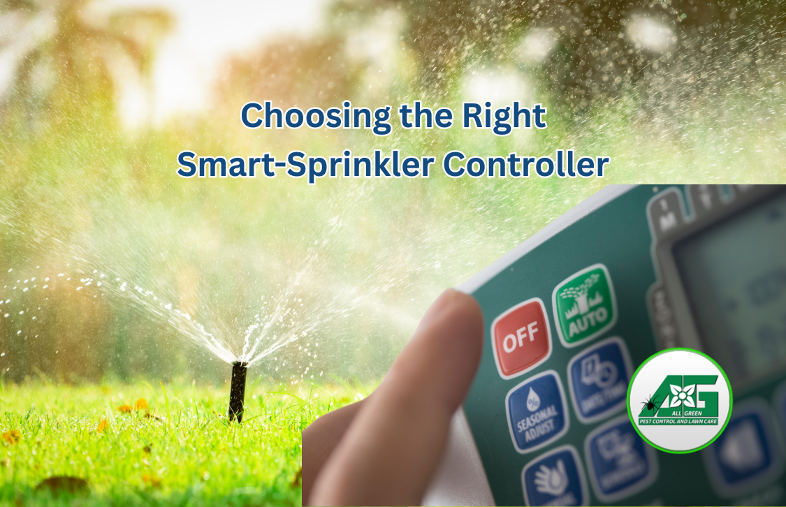 Pop up sprinklers, managed by a smart sprinkler controller, are watering a green lawn. A smart sprinkler controller is pictured and a woman's finger is pressing a button on the controller. Smart sprinkler controllers are great for lawn care in Utah!
